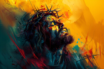 Jesus Christ with crown of thorns praying to god. Religion and christianity concept. Easter holiday. Artistic abstract background - obrazy, fototapety, plakaty