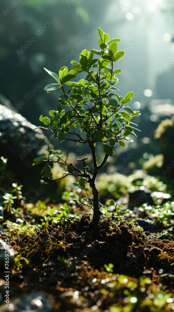 Poster a small tree growing in a forest with rocks and dirt. generative ai.