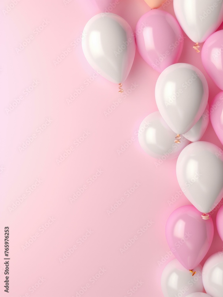 Poster a bunch of balloons are arranged in a row on pink background. generative ai.