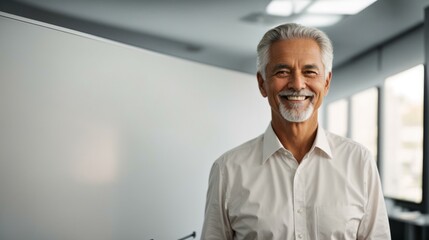 A man with a white shirt and grey hair smiling. Generative AI.
