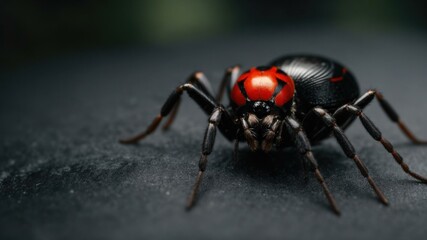 A close up of a spider with red eyes and black body. Generative AI.