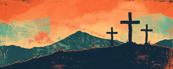 Dramatic Easter Vigil - Stark Cross Silhouettes Against a Vivid Orange Sky Over Mountainous Terrain, Evocative Flat  - obrazy, fototapety, plakaty