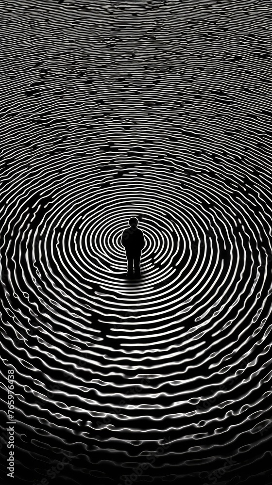 Poster a person standing in the middle of a circular pattern. generative ai.