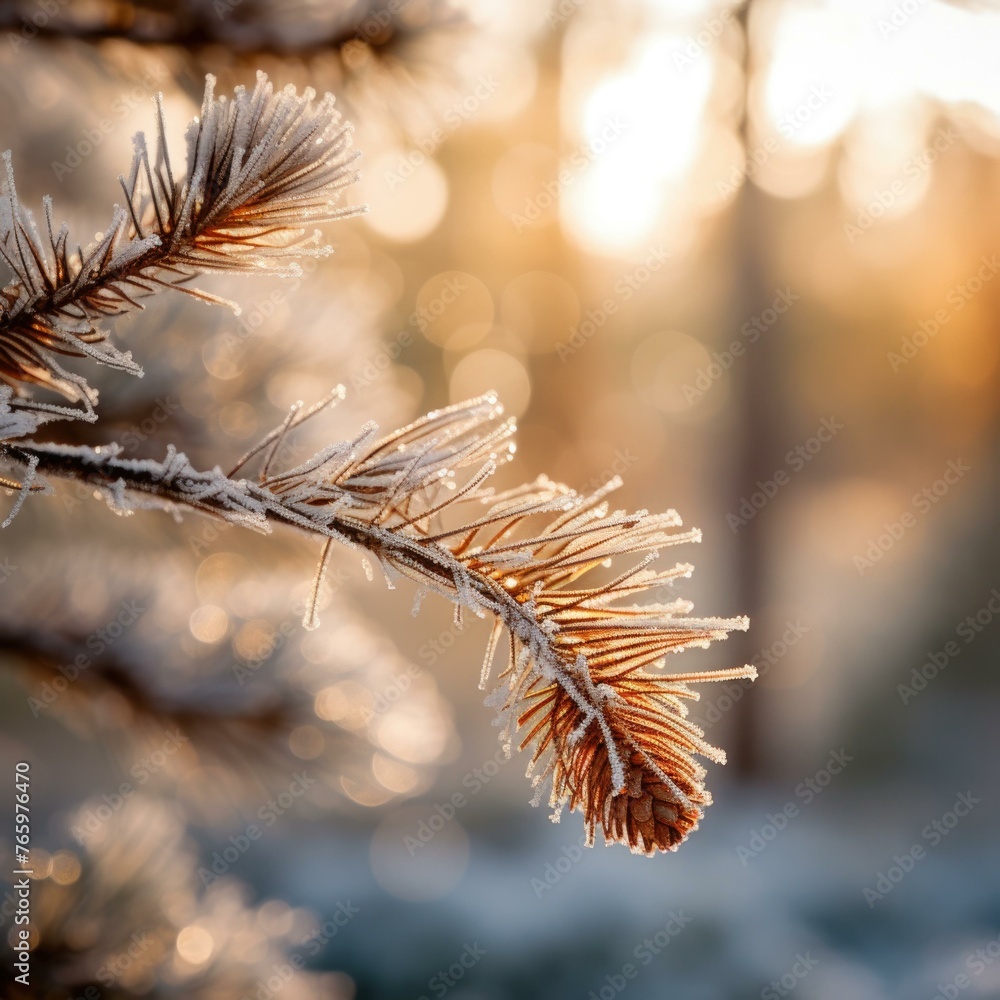 Aufkleber a close up of a pine branch with frost on it. generative ai.