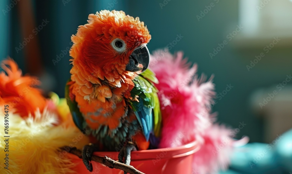 Poster a colorful bird sitting in a red bucket with feathers. generative ai.
