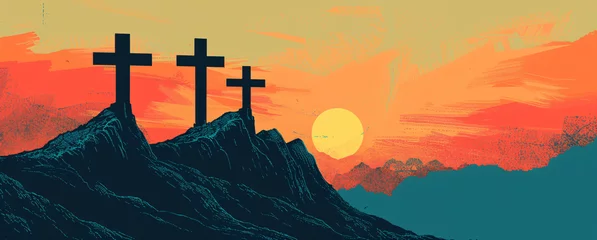 Poster Stirring Easter Tribute - Three Rugged Crosses Stand Against a Sunset Sky on a Mountain Crest, Digital Art Illustration with Warm Orange Tones © Rodrigo