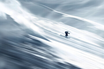 Fototapeta premium Cinematic slow motion camera photography of one skiing man in the snow mountins landscape, awesome blur art photo of a skier in high speed in a glacier, ai generated