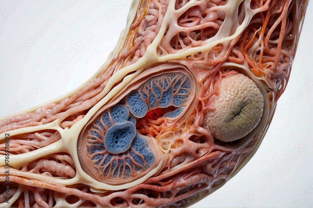 Poster a close-up of internal organs with the muscles and nerves visible. generative ai.