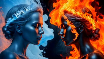 portrait of two women fire and ice, hot and cold concept. Peace and War, Joy and Sorrow, Truth and Lies, Beauty and Ugliness created with generative ai - obrazy, fototapety, plakaty