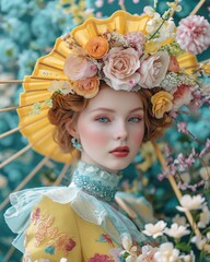 Young woman adorned in a Victorian-inspired outfit with a floral headdress and holding a yellow parasol..