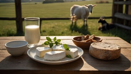 A glass of fresh goat milk and goat cheese with goat with farm in background. Goat farm. Natural product and livestock concept. AI Generative. - obrazy, fototapety, plakaty