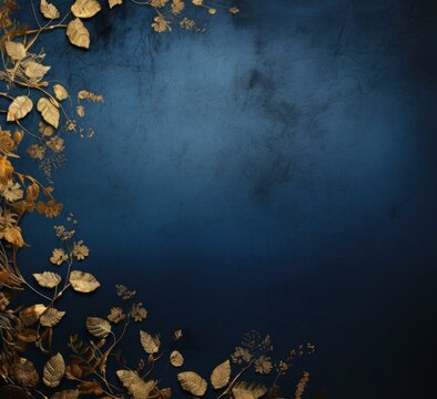 A blue background with gold leaves and vines. Generative AI.