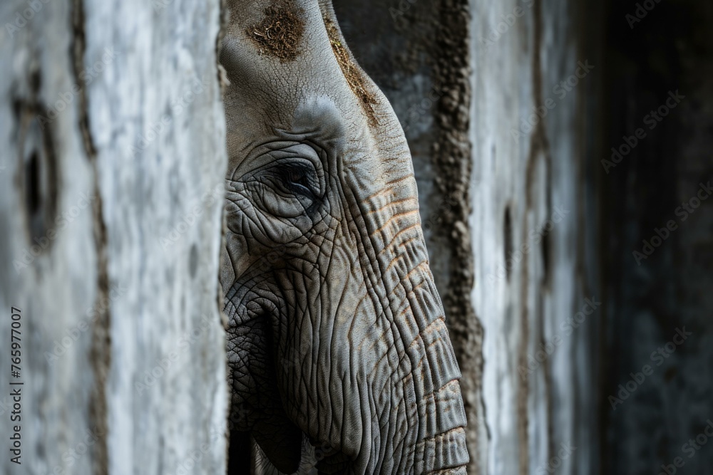 Poster an elephant is standing in a corner of an enclosure. generative ai.