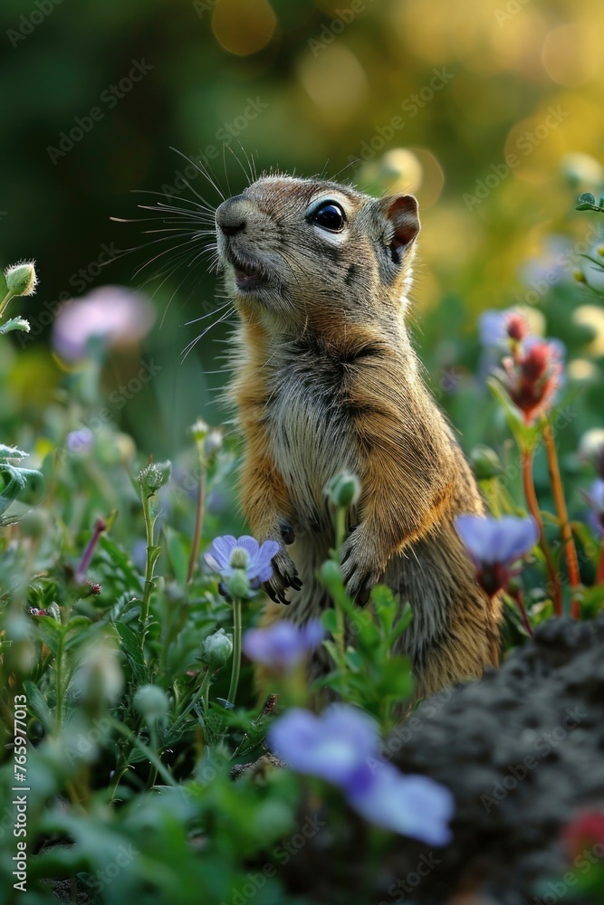 Poster a squirrel is standing in a field of flowers and grass. generative ai.
