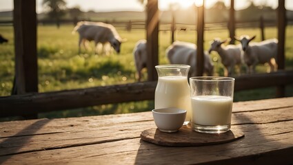 A glass of fresh goat milk with goat with farm in background. Goat farm. Natural product and livestock concept. AI Generative.