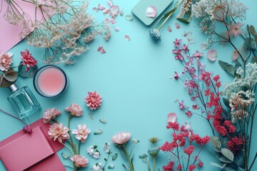A flat lay of a diverse array of flowers and beauty products, artfully arranged on a pastel blue background, conveying a theme of beauty and care..