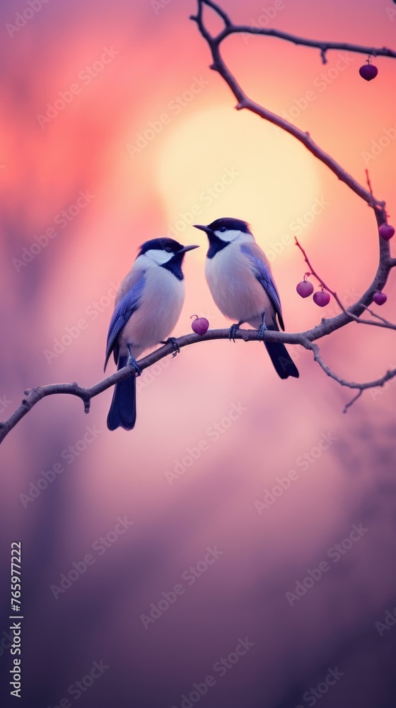 Poster two birds are sitting on a branch with the sun setting in front of them. generative ai.