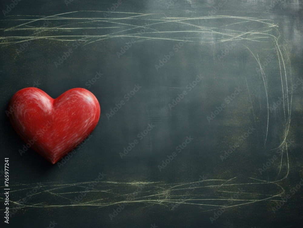 Poster a red heart shaped object on a blackboard with chalk. generative ai.