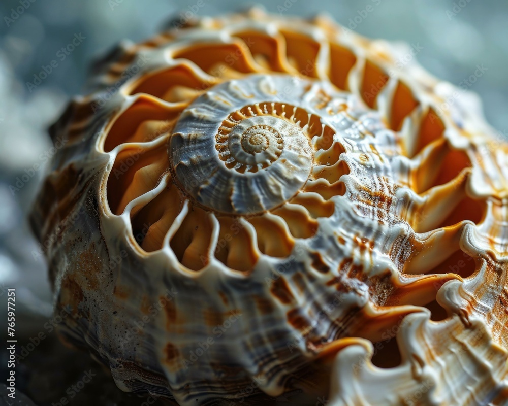 Poster a close up of a shell with spiral patterns on it. generative ai.