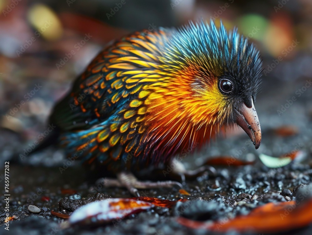 Poster a colorful bird with multicolored feathers standing on a wet ground. generative ai.