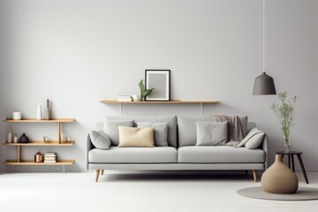 This serene living room showcases a minimalist design with a comfortable white sofa adorned with grey and cream pillows, complemented by indoor greenery and simple wall art