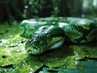 Fototapeta premium A large green snake laying on the ground in a swamp. Generative AI.