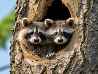 Fototapeta premium Two raccoons peeking out of a hole in the tree. Generative AI.