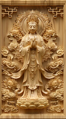 Fototapeta na wymiar 3D wood carving of the Guanyin Bodhisattva, with a golden halo and lotus flowers behind her back, surrounded by auspicious clouds on a golden background with a golden border. This is a full body portr