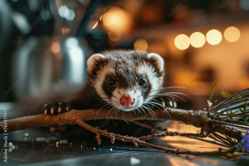 Poster a ferret is sitting on a branch with its nose in the air. generative ai.