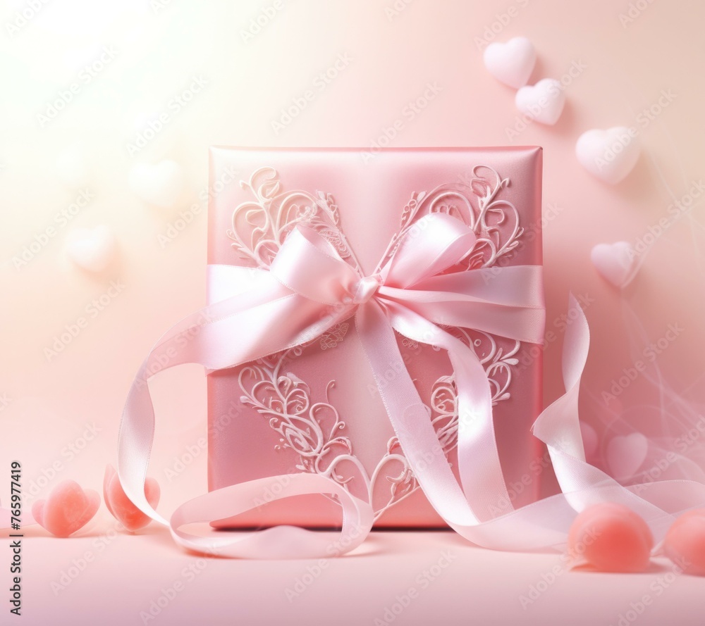 Poster a pink box with a bow and ribbon on top of it. generative ai.