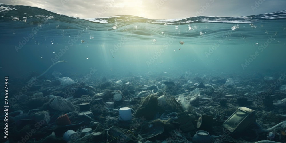 Poster a view of the ocean with trash floating in it. generative ai.
