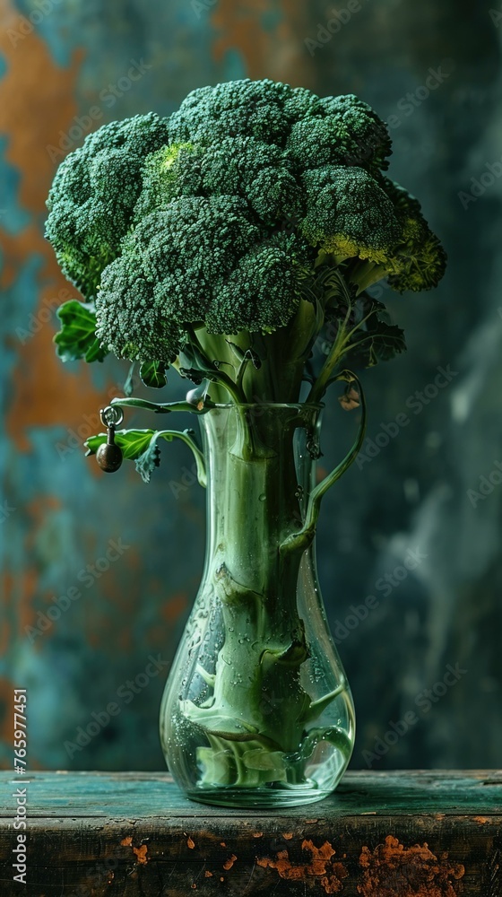 Poster a vase of a glass with broccoli in it on top of something. generative ai.