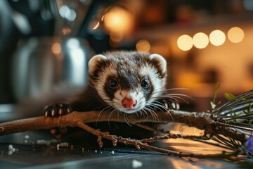 Fototapeta premium A ferret is sitting on a branch with its nose in the air. Generative AI.