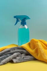 Essential cleaning supplies ready for a tidy up. Spray bottle with microfiber cloth for efficient cleaning. Household cleaning equipment on vibrant pastel backdrop.