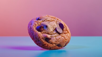 A close-up photograph of a chocolate chip cookie on a colorful gradient background with pink and blue tones.