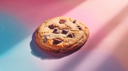 A close-up photograph of a chocolate chip cookie on a colorful gradient background with pink and blue tones.