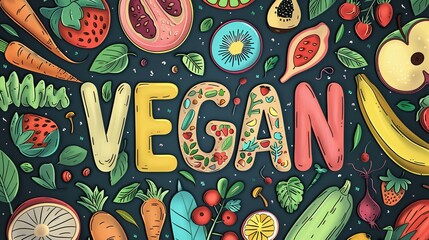 A colorful illustration filled with various fruits, vegetables, and leaves, forming the letters of the word "VEGAN".