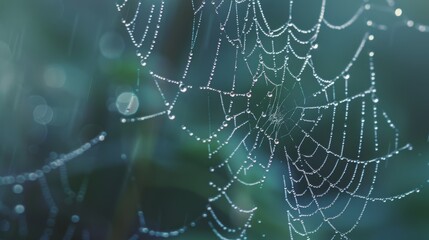 Close-up of a spider web with morning dew on it, showcasing the intricate pattern and natural beauty.