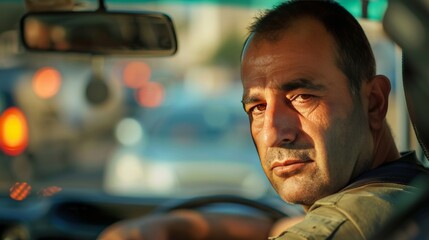 A close-up portrait of a man inside a vehicle, with a focused expression and the cityscape behind him.