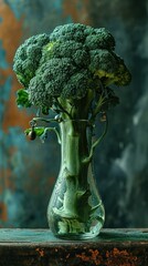 A vase of a glass with broccoli in it on top of something. Generative AI.
