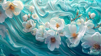 Magnolia flowers in full bloom against dynamic turquoise backdrop. Vivid floral illustration with...
