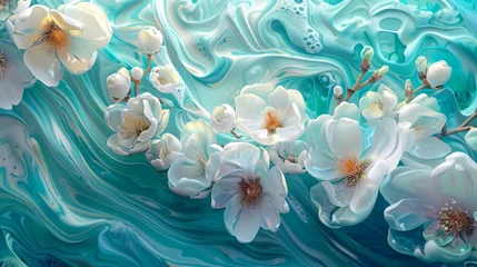 Zelfklevend Fotobehang Magnolia flowers in full bloom against dynamic turquoise backdrop. Vivid floral illustration with detailed magnolias. Elegant magnolia art on swirling aqua-toned canvas. © Irina.Pl