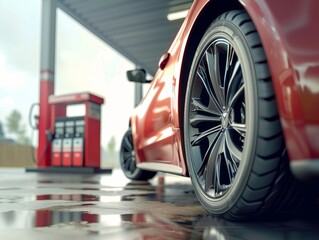 Side view of a luxury car's polished wheel at a gas station. Metallic tire and rim with modern design parked by a fuel pump. Refueling luxury vehicle with a focus on high-quality wheel.