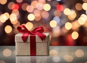 A gift box with red ribbon on a table in front of bokeh lights. Generative AI.