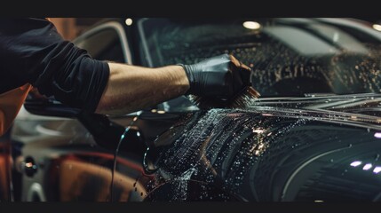 A person cleaning a car with a brush, creating dynamic water streaks and reflections on the vehicle's surface. Nighttime car wash with reflective water patterns and diligent care.