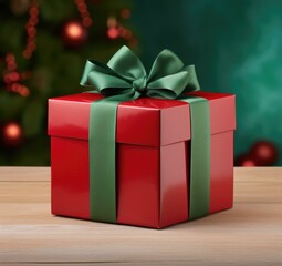 Obraz premium A red present with a green bow on top of wooden table. Generative AI.