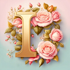 A floral letter “I” with roses and leaves, soft pink background
