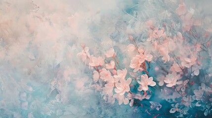 A semi-abstract image featuring delicate pink flowers against a textured, blue-tinted background. Dreamy floral abstraction with soft pink flowers and cool tones.