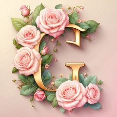 A floral letter “G” with roses and leaves, soft pink background