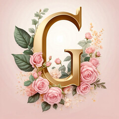 A floral letter “G” with roses and leaves, soft pink background